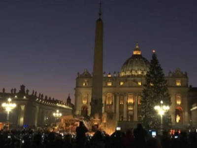 Brilla lo spettacolare albero di Natale in piazza San Pietro