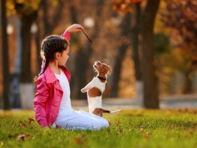 bambina gioca con cane cucciolo