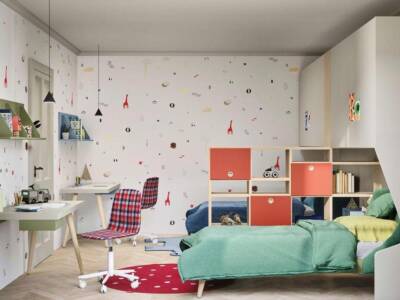 Arredamento per camera da letto bambino con libreria e scaffalature