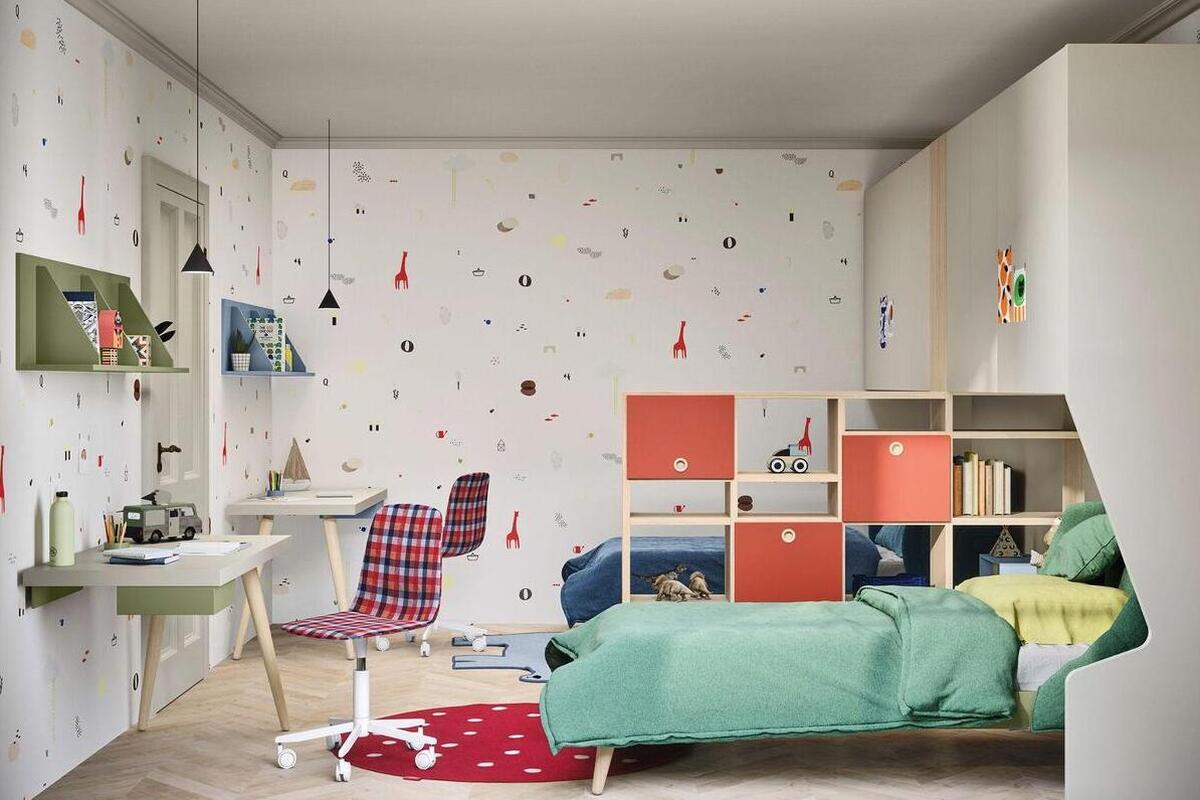 Arredamento per camera da letto bambino con libreria e scaffalature