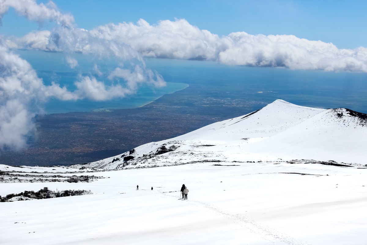 Monte Etna, paesaggio neve e mare